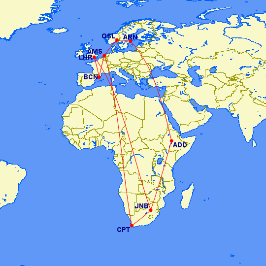 AMS-OSL-ARN-ADD-JNB-CPT-JNB-LHR-BCN-AMS-BCN-LHR-JNB-CPT-AMS