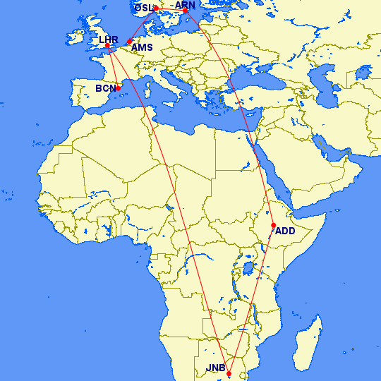 AMS-OSL-ARN-ADD-JNB,JNB-LHR-BCN